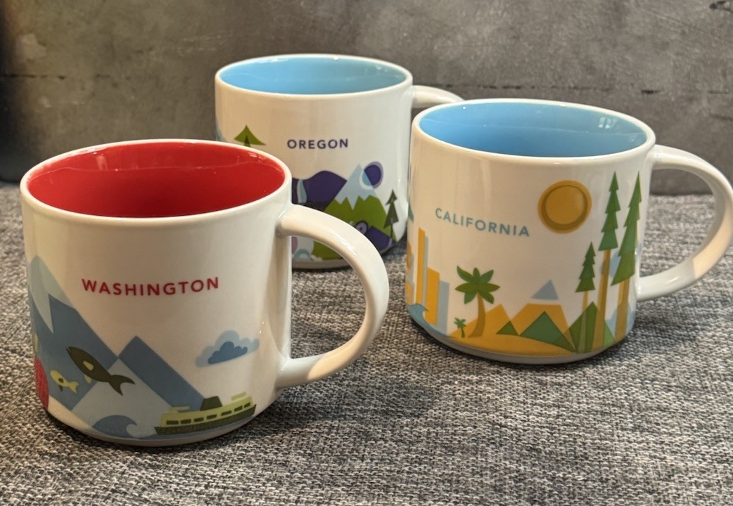 Starbucks California Oregon Washington State Coffee Mug Set 3 Cups New w/o Box