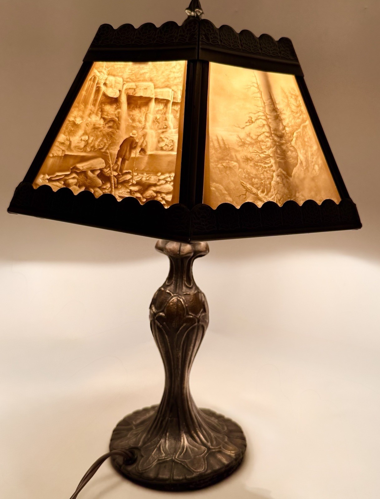 VTG Porcelain Lithophane 6-Panel Table Lamp Scenic Landscapes VictorianStyle 14”