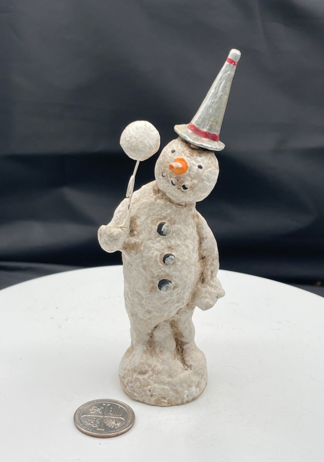 Vintage Debbee Thibault Snowman with Balloon 90/500 Folk Art Rustic 5.5” Signed