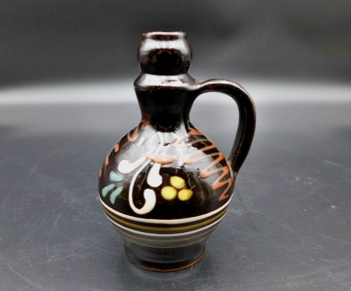 VTG MCM Hungarian Folk Art Ceramic Jug Holy Water Hand Painted Glazed Terracotta