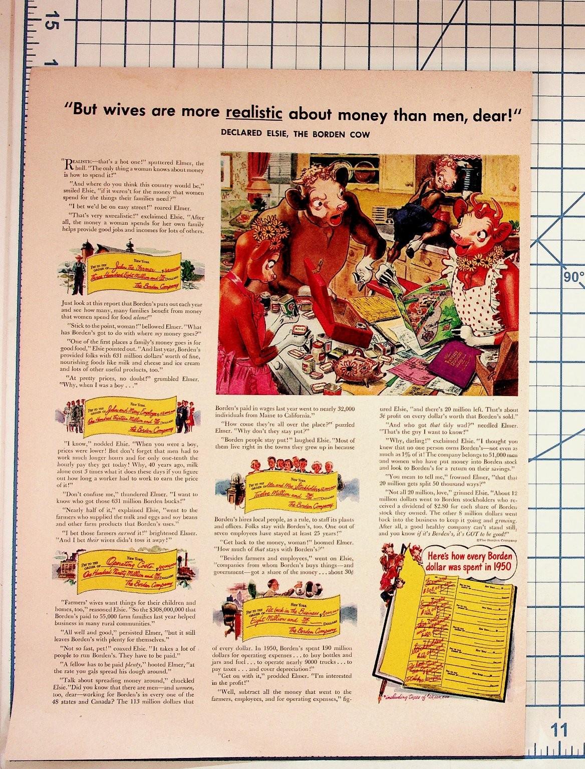 1950 Borden Cow Elsie & Elmer Vintage Ad - Family Finances, Money Spent