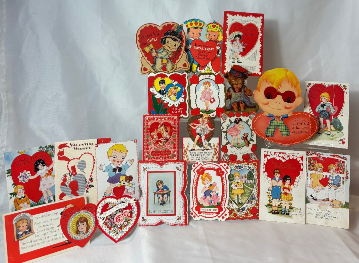 Vtg Valentines Greeting & Post Cards Die Cut Embossed Animals Children 20+