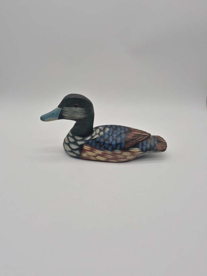 Vintage Hand Painted Carved Wood Duck Decoy Figurine Blue Bill Folk Art