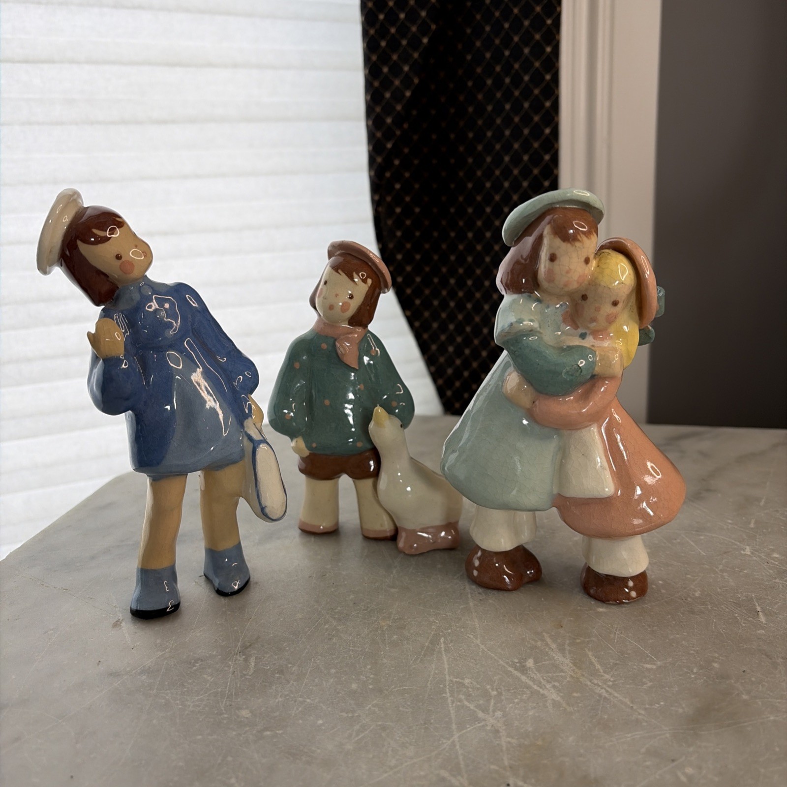Jean Manley-4-Whimsical Children And A Goose Figurines Hand Painted 40s/3Figures