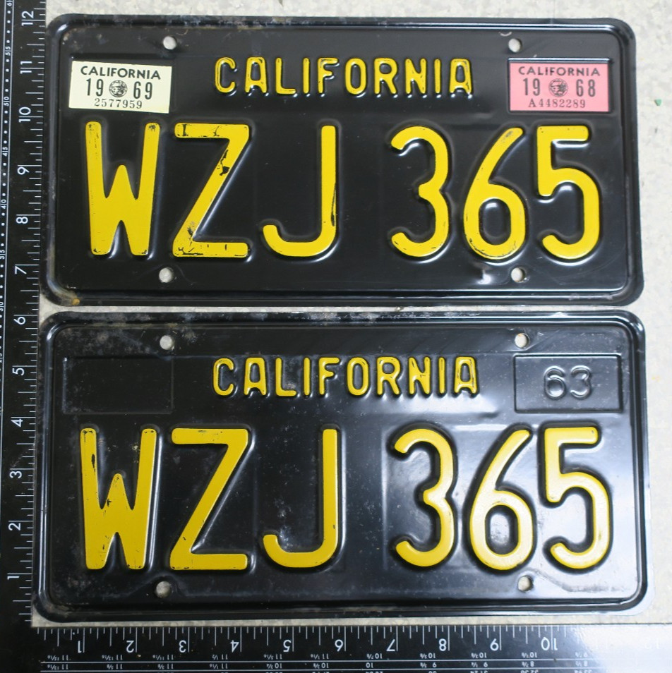 California license Plate 1963 1969 1968 Pair Set Tag CA 63 68 69 # WZJ 365