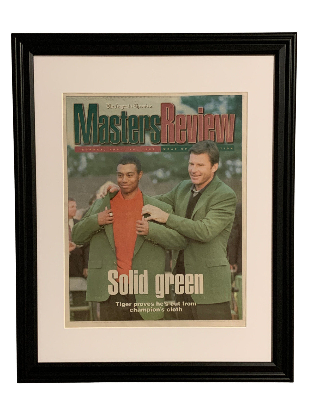 Framed 1997 Masters Golf Tournament  Augusta Chronicle Newspaper 4/14/97