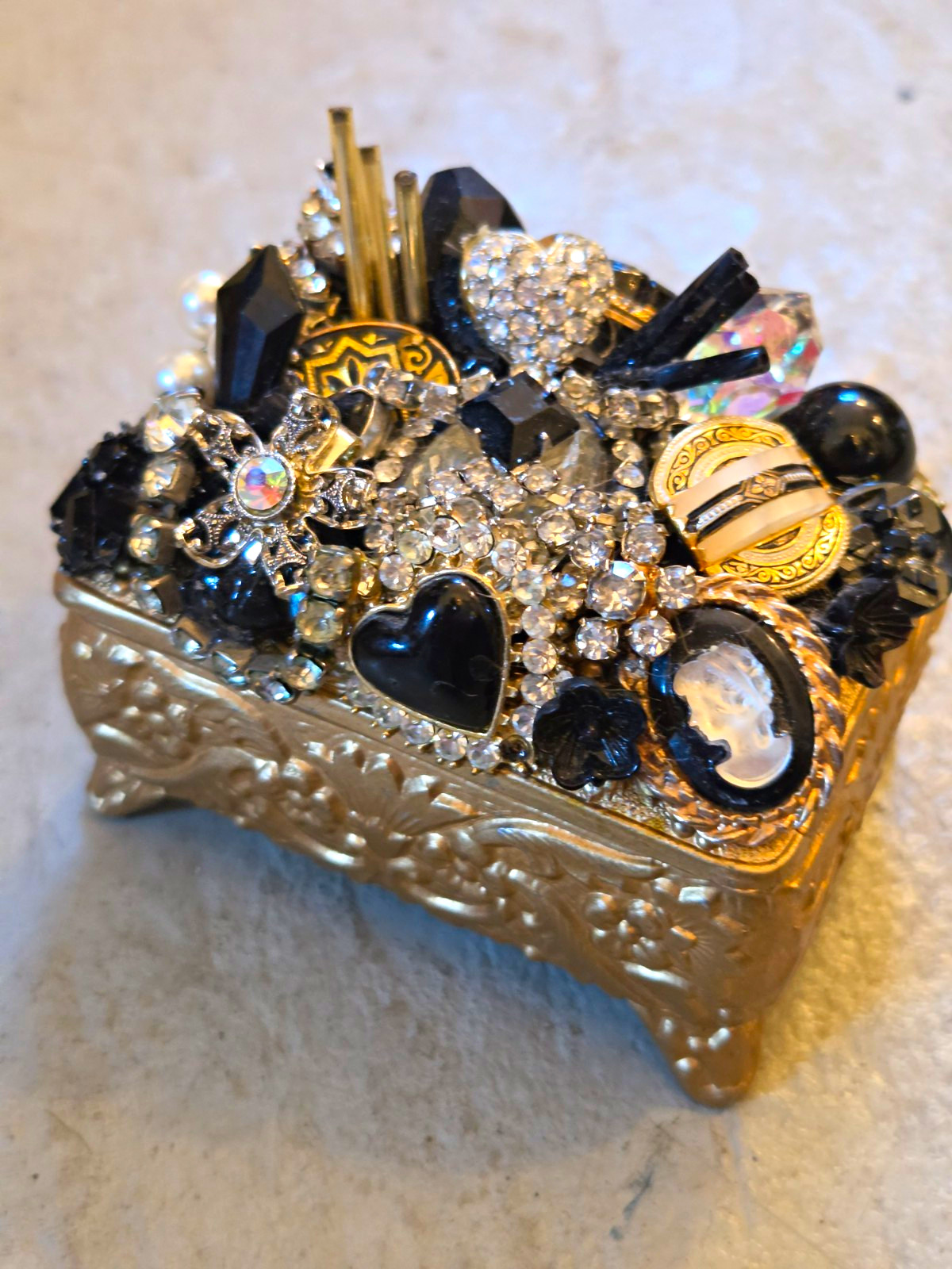 Beautiful  Vintage Trinket Box embelished with Rhinestones,Cameo Jeweled Casket 