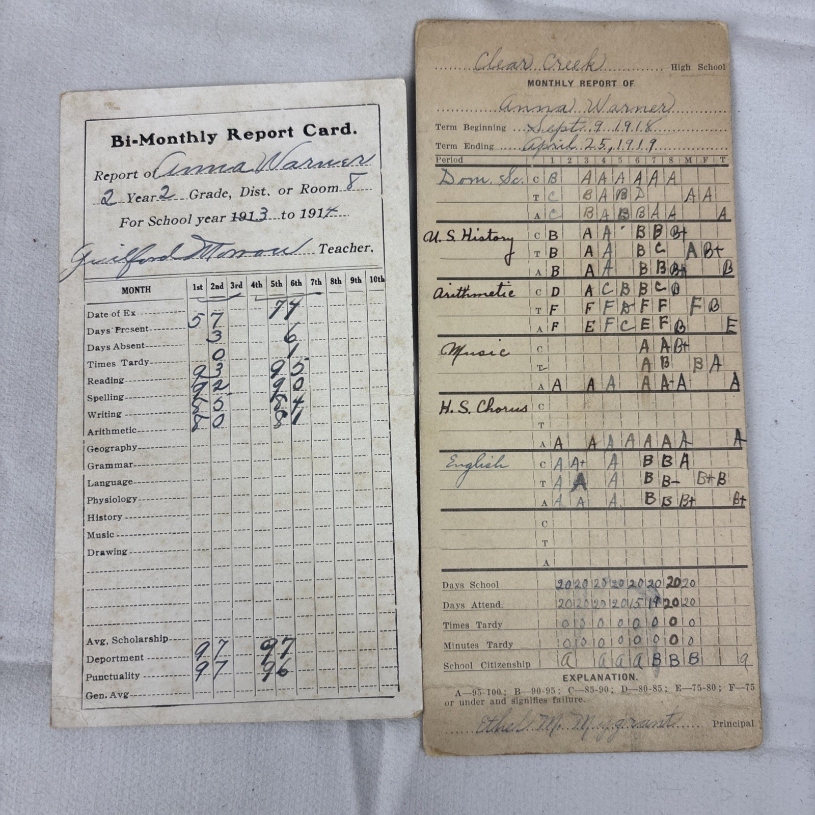 Antique 1913-1919 School Report Cards Anna Warner Clear Creek High School Lot