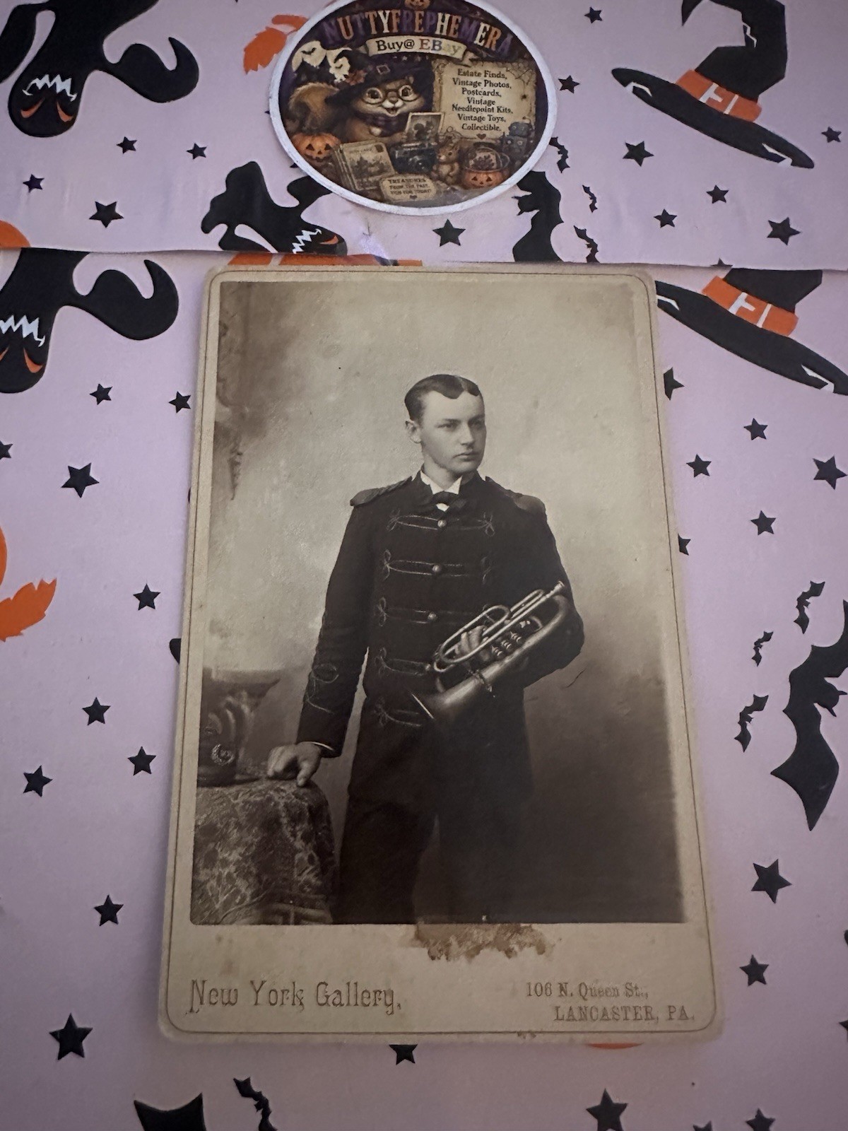 Rare  Antique Photo Band Musician w/ Horn Instrument Cabinet Card  NY