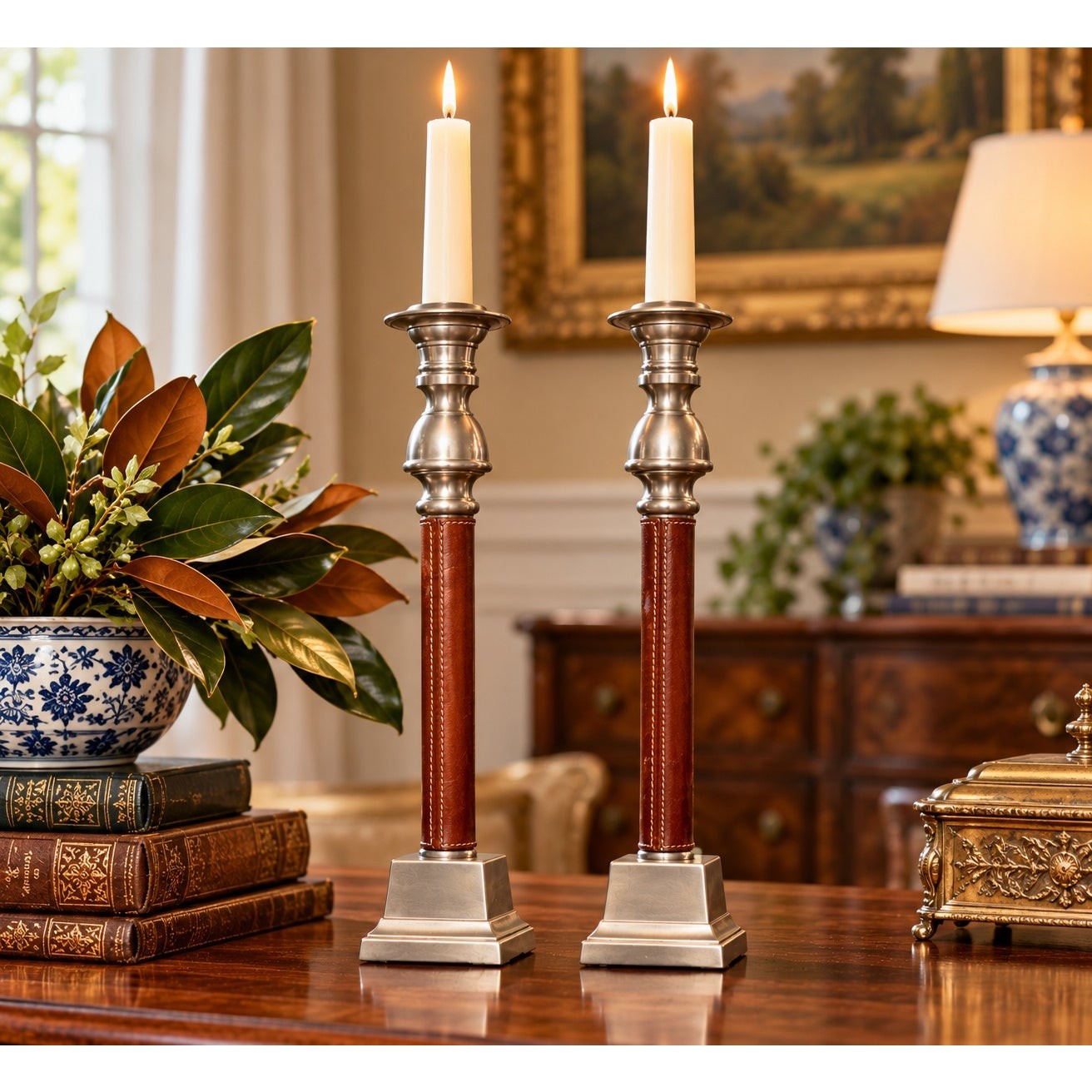 Vintage Leather & Pewter Candlesticks – 14” Tall – Pair