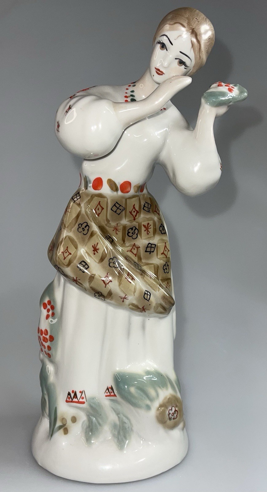 1970s Ukrainian Porcelain Figurines “Girl W/Kalina Fruits” – Polonne ZHK USSR