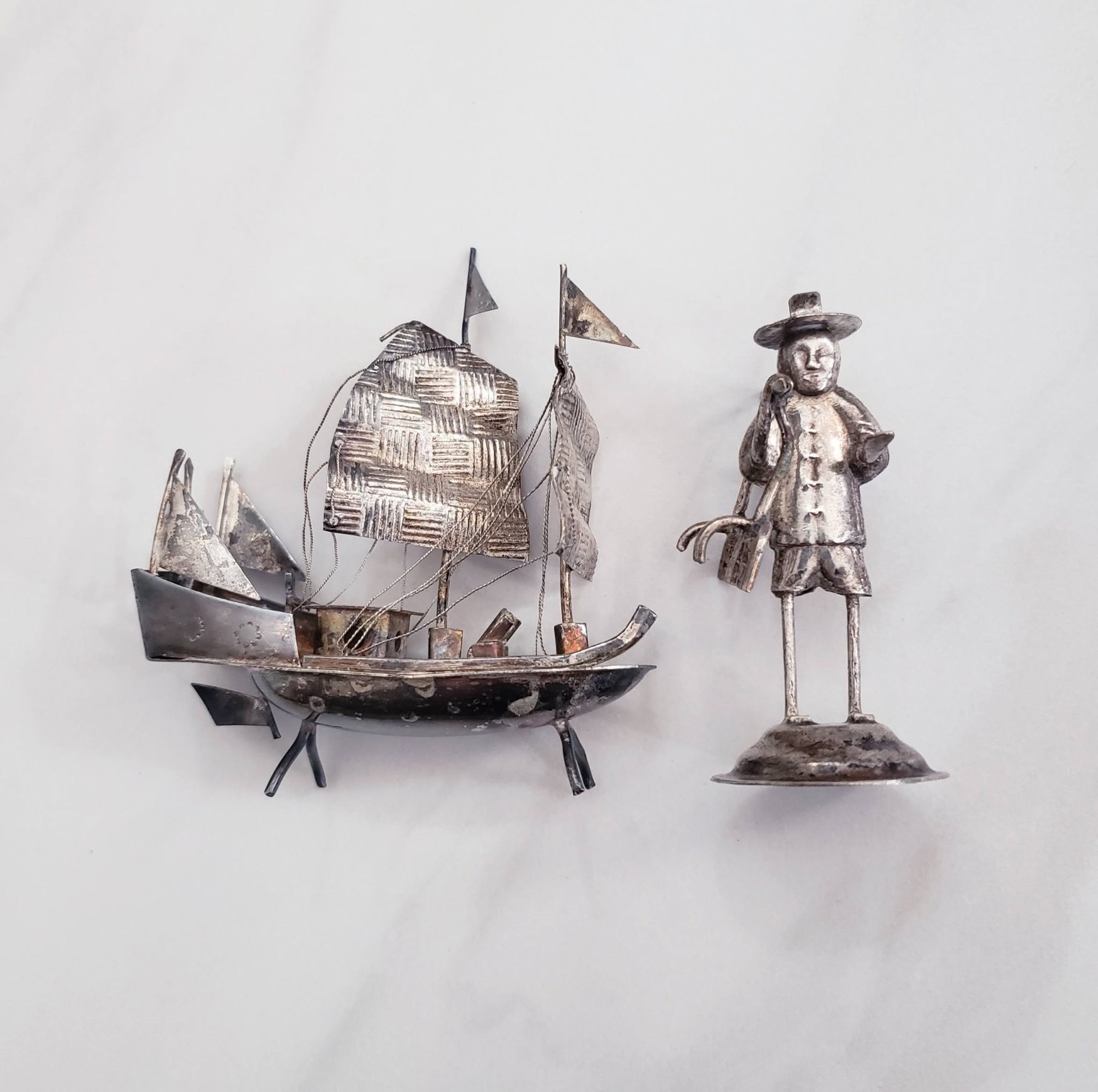 Vintage Miniature Chinese Export Silver Sail Boat 29.86g & Man Figurine 14.06g