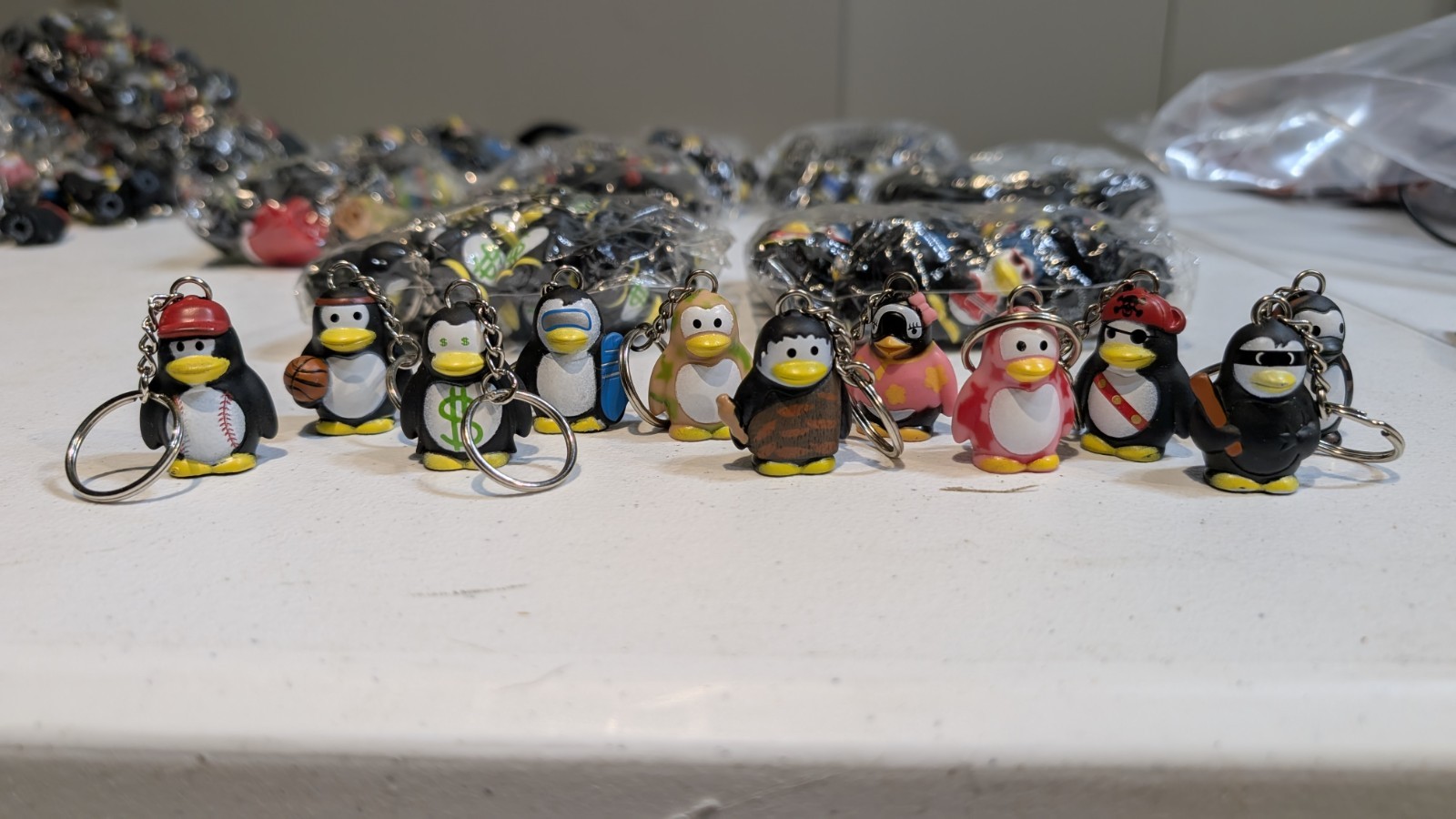 VINTAGE Star Awards Penguin Keychain Lot 7 SEALED Bags NOS Fundraiser Rewards