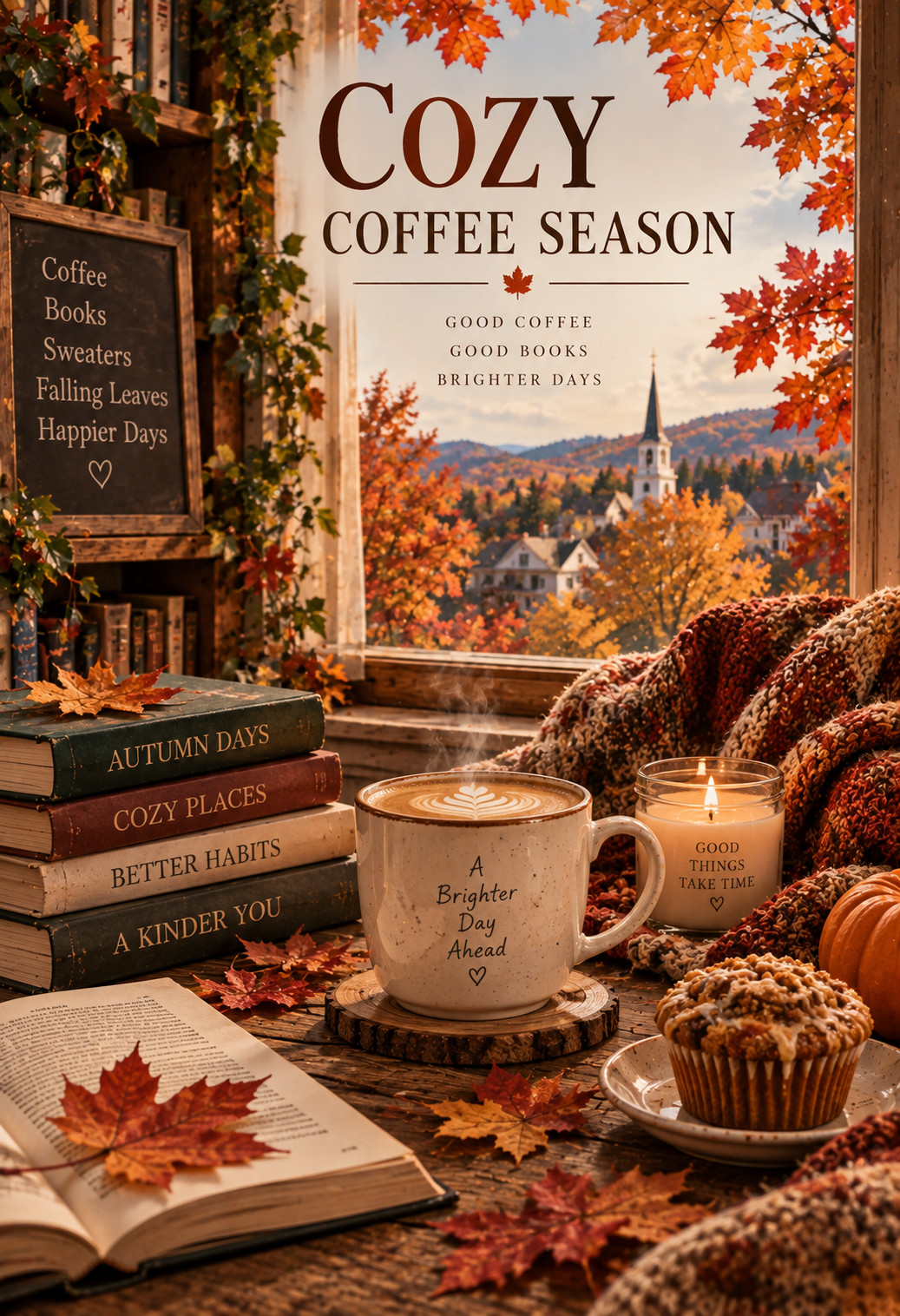 Cozy Coffee Season Vintage Fall Poster Books Coffee Autumn Wall Art 13x19