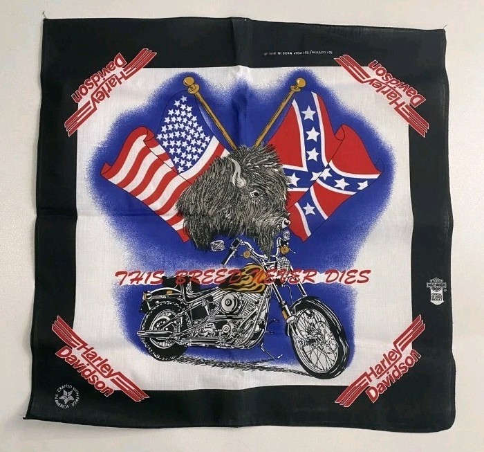 Vintage Harley Davidson Bandana 80s Breed Never Dies BUFFALO Made In USA FLAG