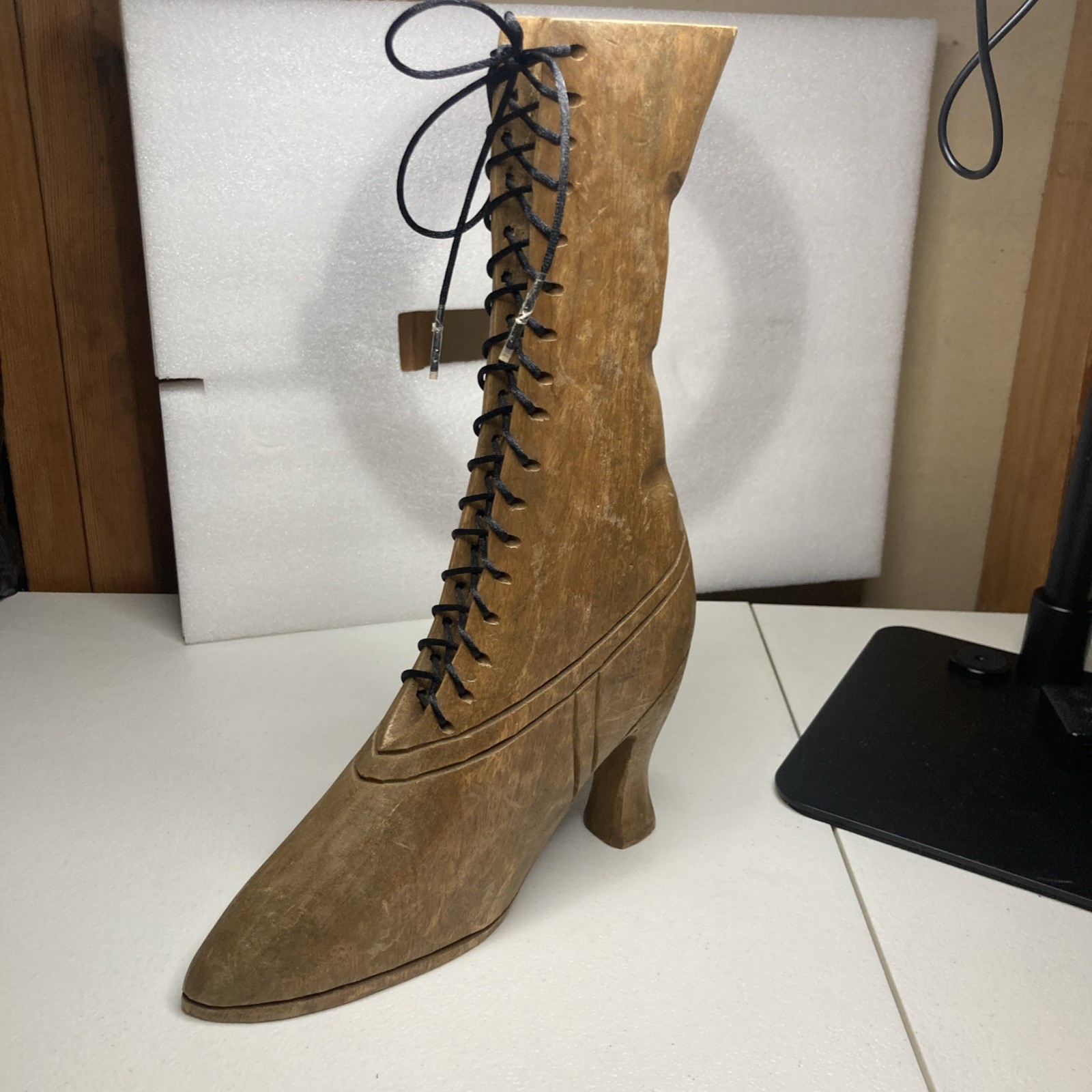 Vintage Hand Carved Wooden Laced Victorian Boot Ladies Show Life Size