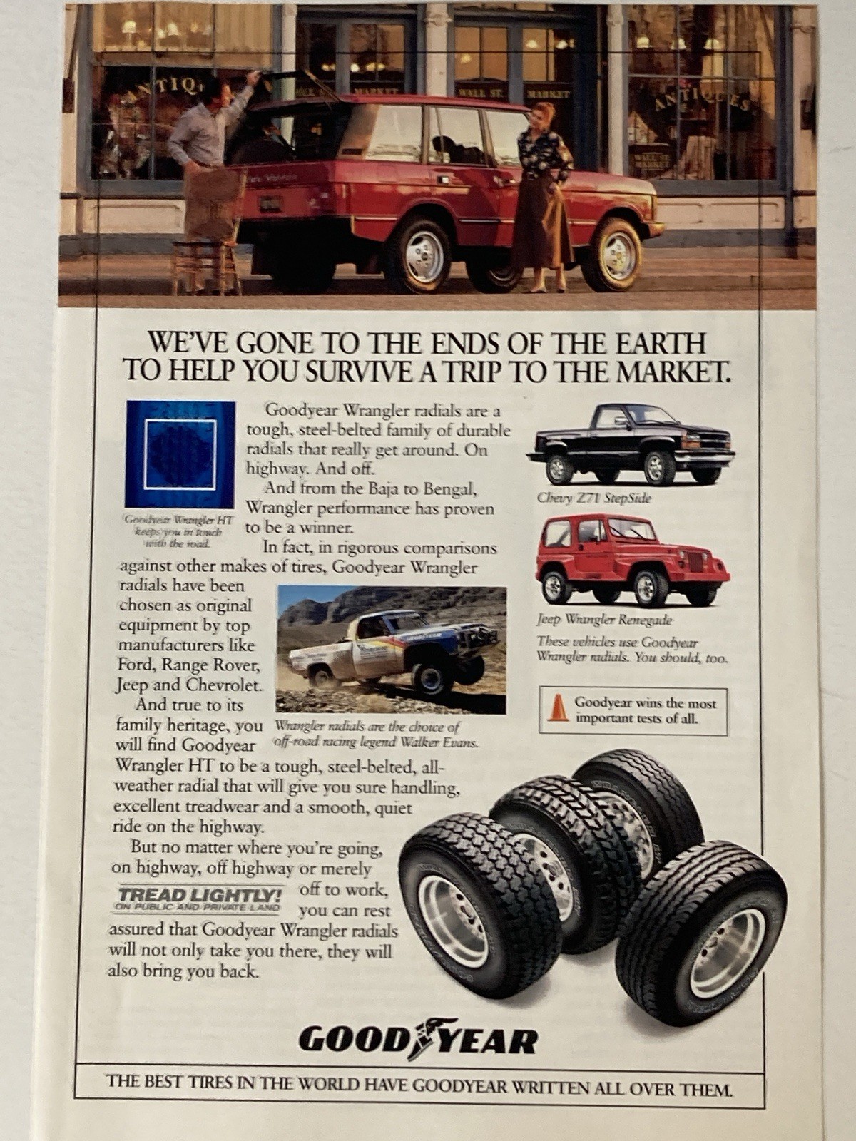 1992 Goodyear Wrangler Radials Tire Print Ad Jeep Renegade Chevy Z71 Stepside