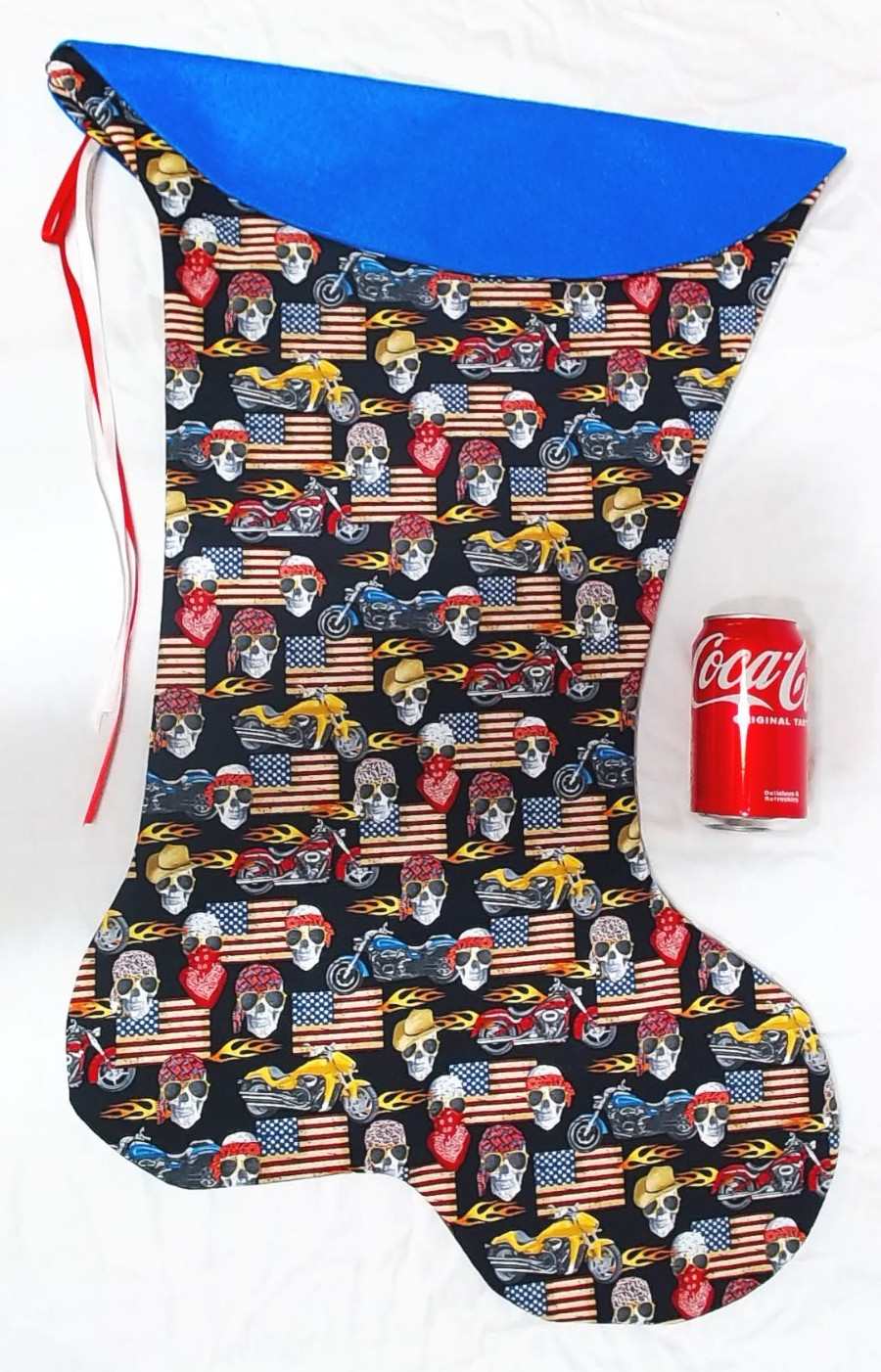 GIANT CHRISTMAS STOCKING MOTORCYCLES, SKULLS, AMERICAN FLAG PRINT , NEW, USA