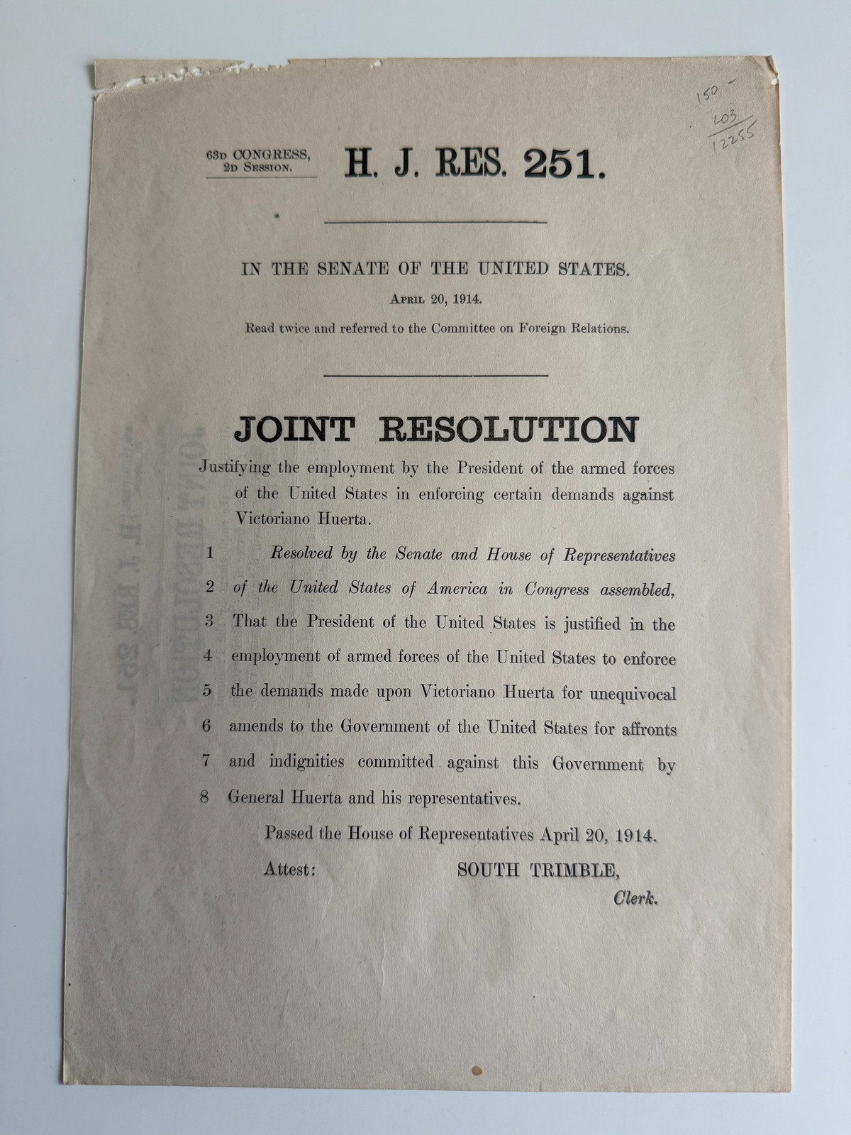 1914 Woodrow Wilson–Victoriano Huerta Congressional Broadside — U.S.