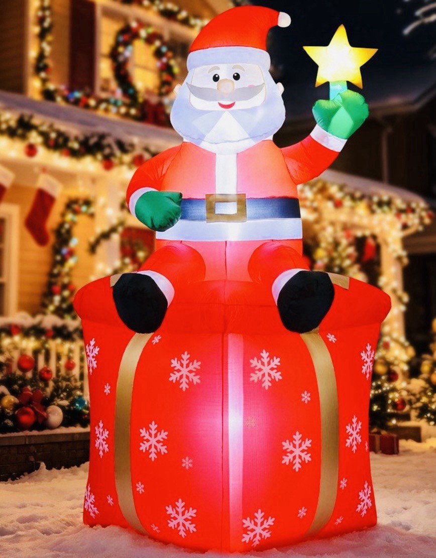 8FT Giant Heavy-Duty Inflatable Santa Sitting on Gift Box With Built-In LED’S