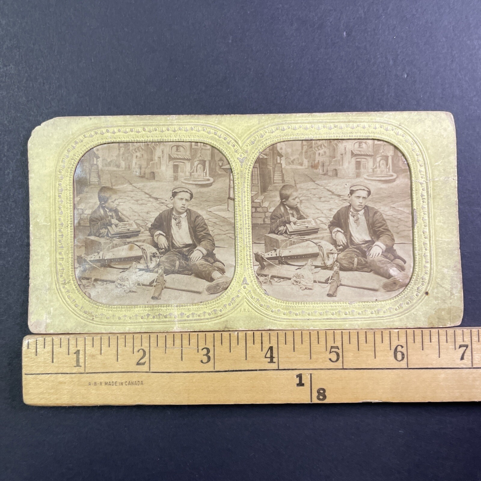 Boys with Hurdy-Gurdy Stereoview French Tissue Hand-Colored c1860s Street Scene