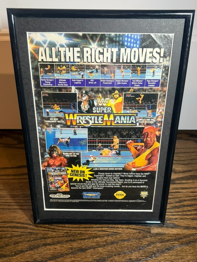 Retro 1992 WWF Super Wrestlemania Genesis Original Advertisement FRAMED