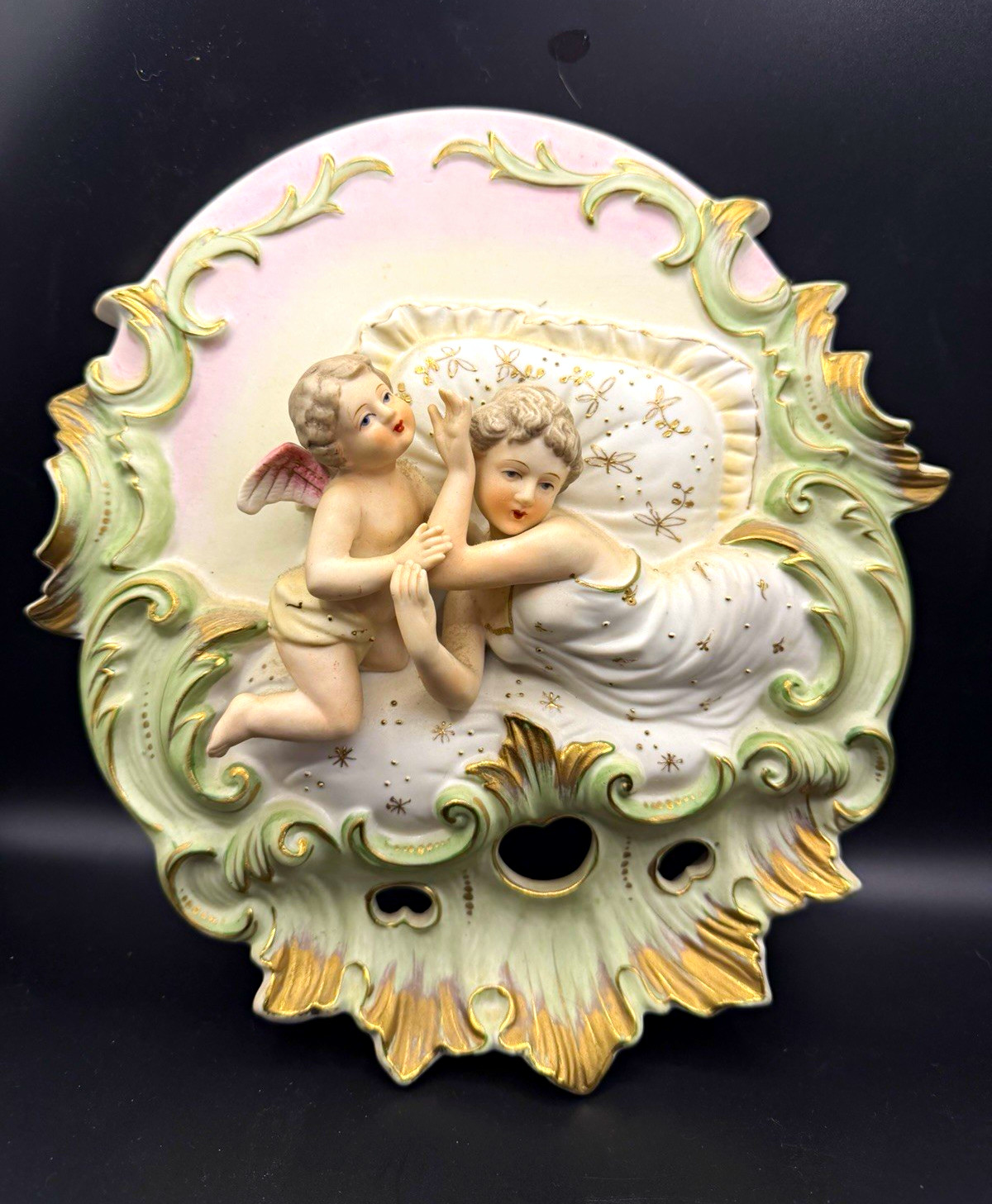 Antique German High Relief Bisque Porcelain Wall Plaque 3D Cherub Venus Signed
