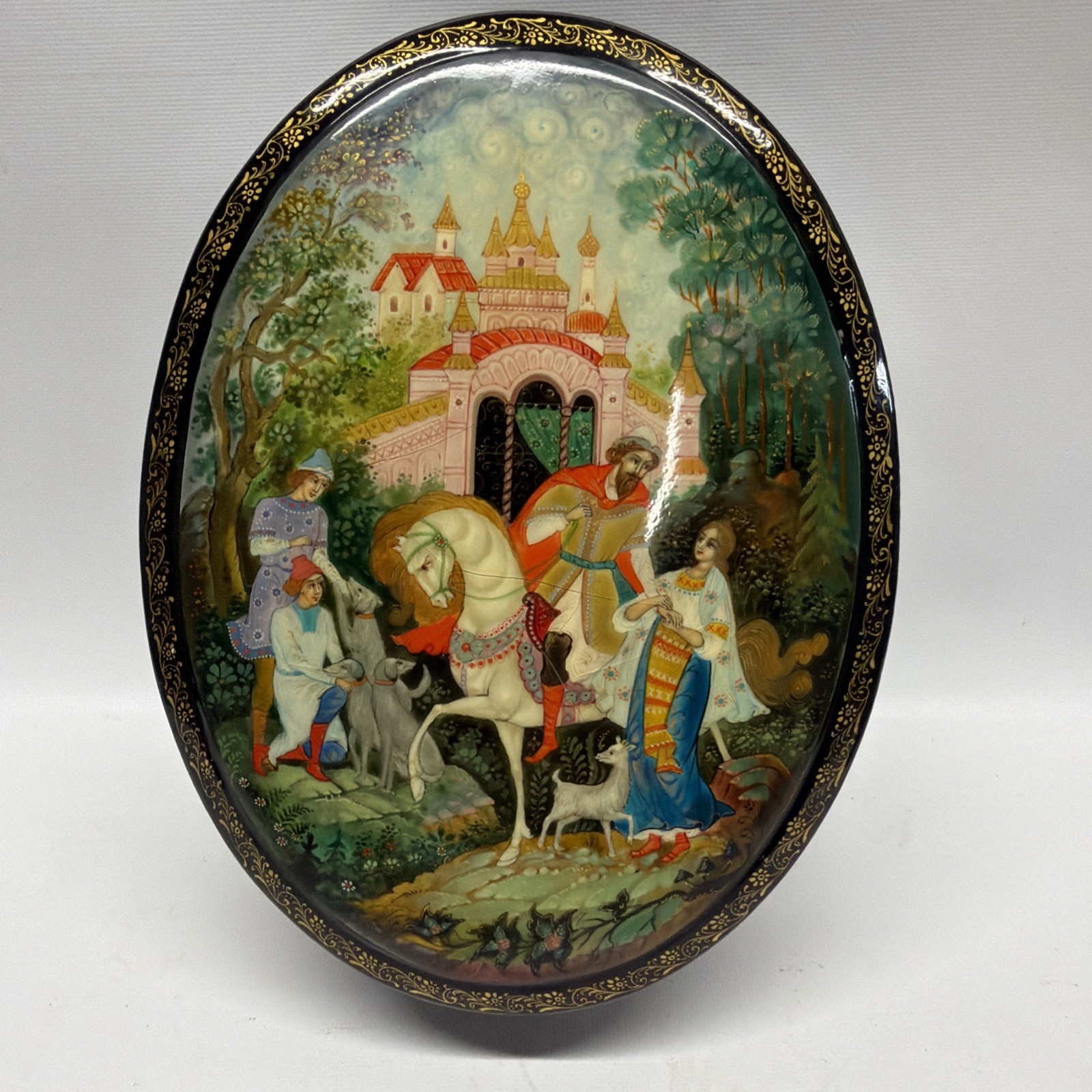 Signed 2000 Palekh Russian Lacquer Oval Hinged Box Sister Brother Goat Folk Tale