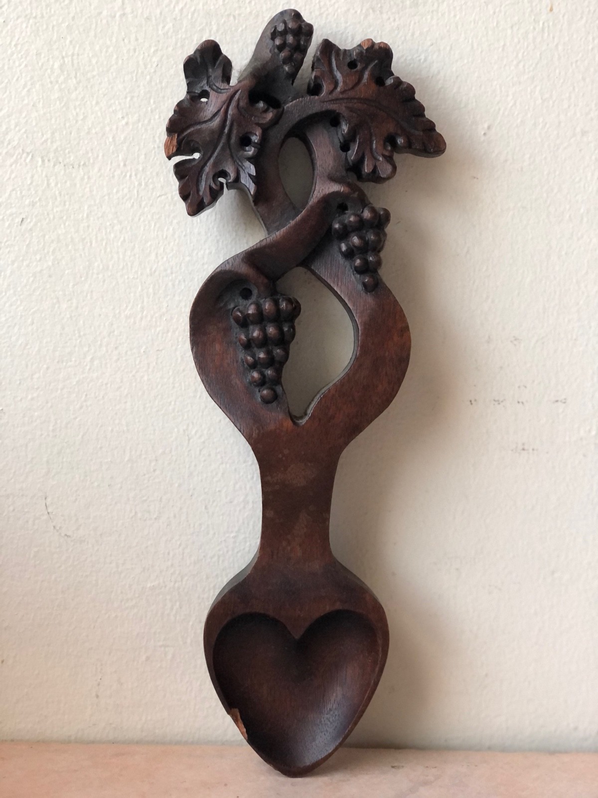 Beautiful Vintage Welsh Hand Carved Wooden Love Spoon Engraved, Grape Leafs