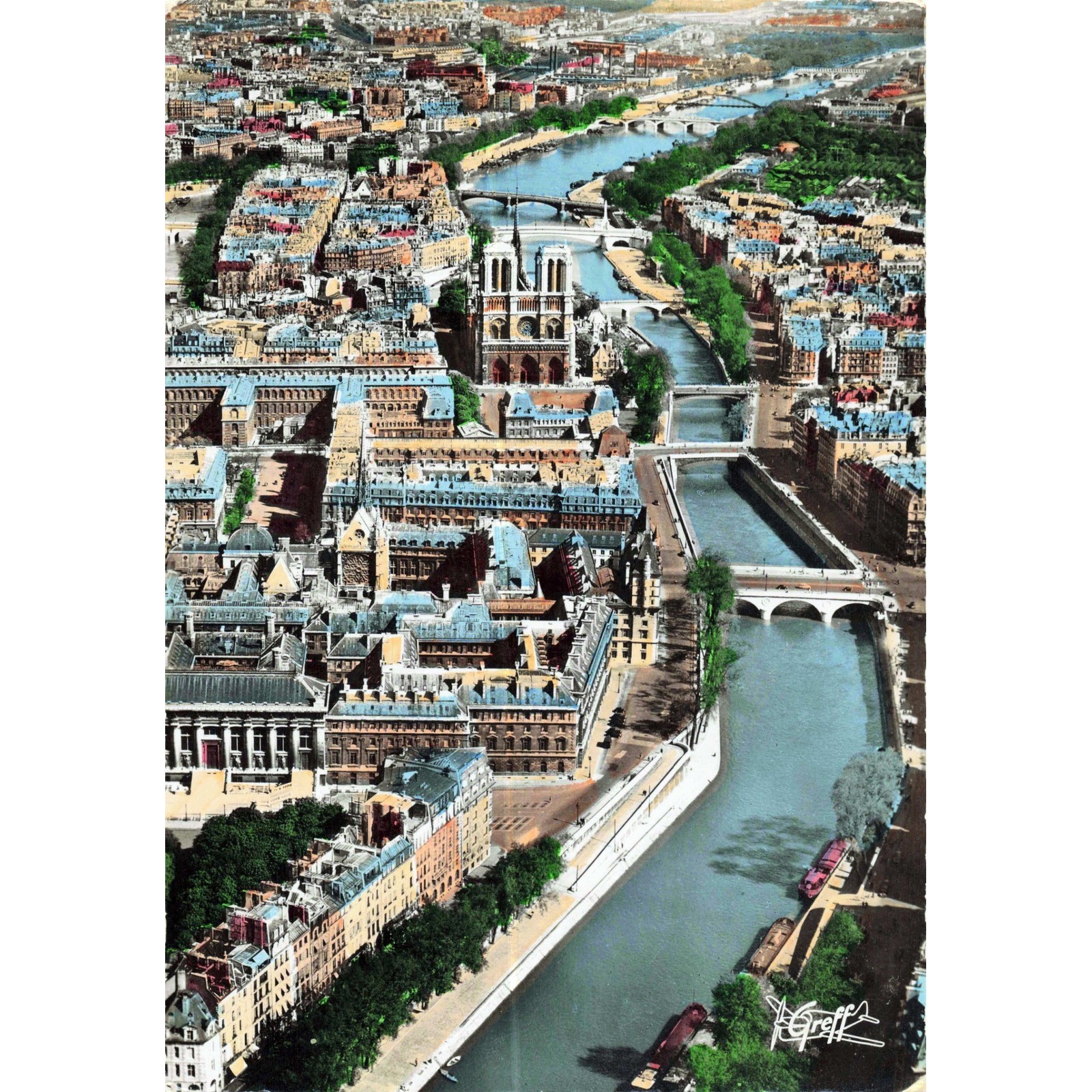 Greff Vintage Postcard Paris Aerial View Notre Dame Seine River France Good RPPC