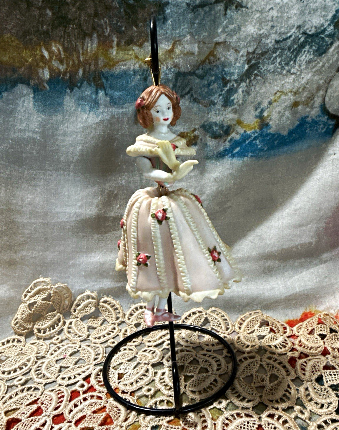 Vintage Dresden Style Porcelain Lace Doll Ornament Pink Dress Figurine 
