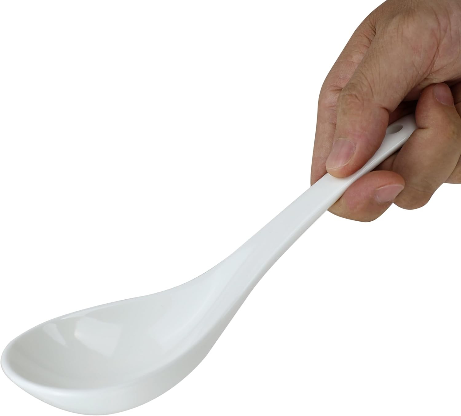 Large ceramic soup ladle, 10 inches long, bright white