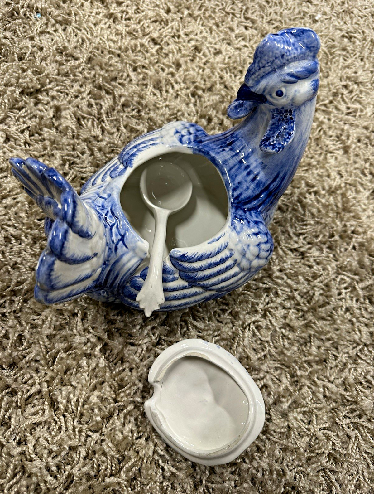 Vintage Hand-Painted Italian Blue & White Ceramic Figural Hen Tureen Orig Ladle
