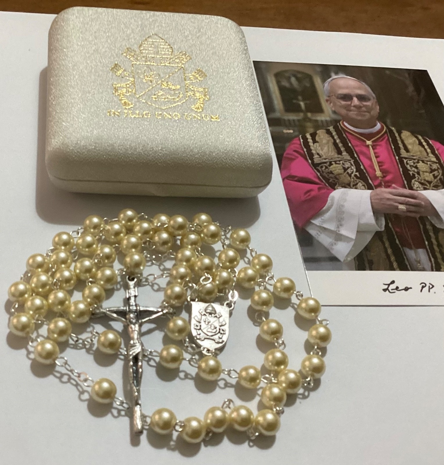 Rare Official Gold-Tone Mother-of-Pearl Rosary Pontificate Pope Leo XIV Prevost