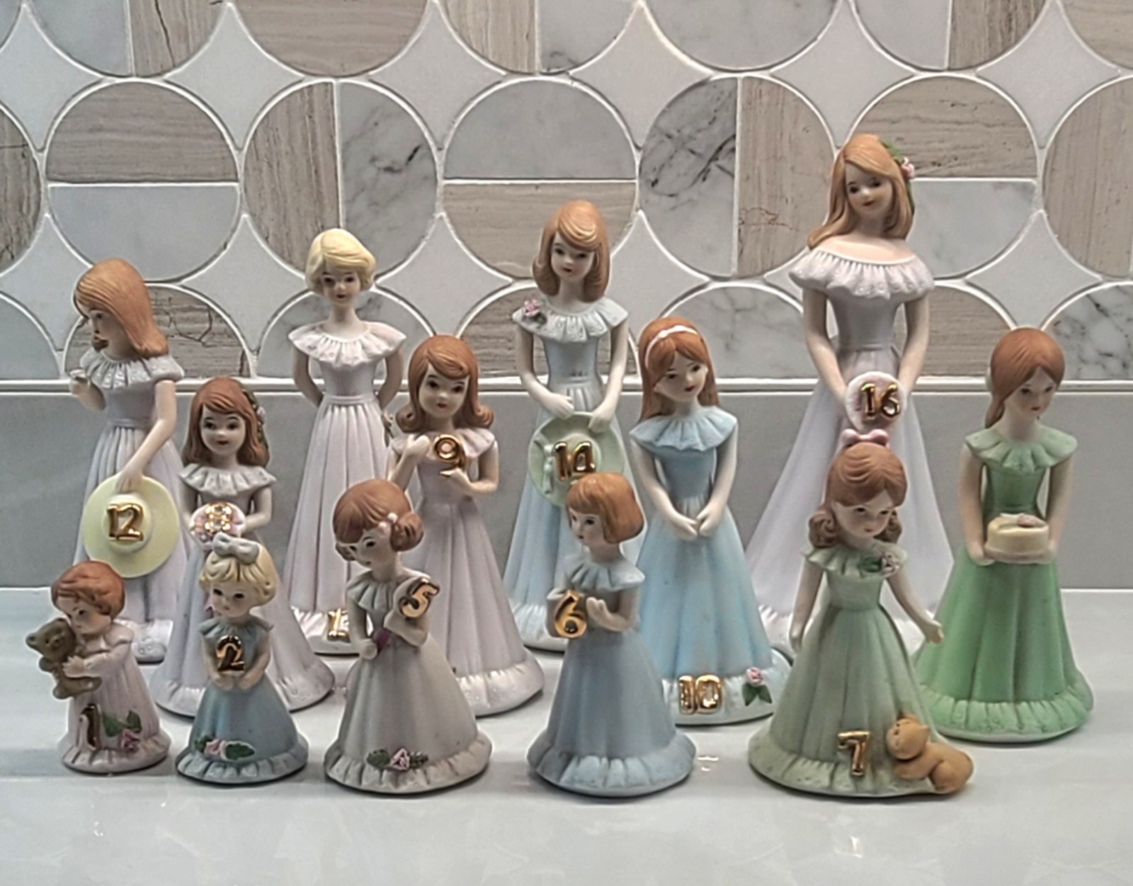 12 Vintage Enesco Growing Up Birthday Girls Figurines 1-16 Brunette Incomplete