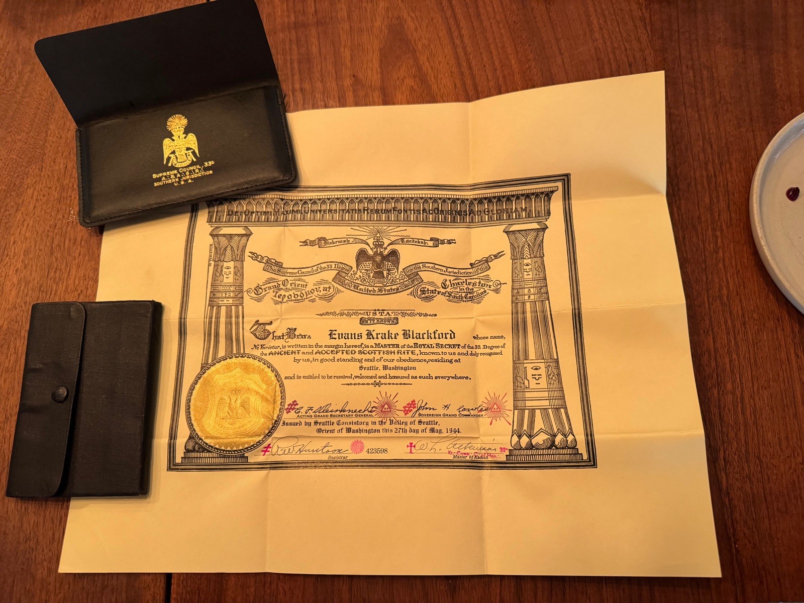 1940s CERTIFICATE THE SUPREME COUNCIL OF THE 33 DEGREE Freemason