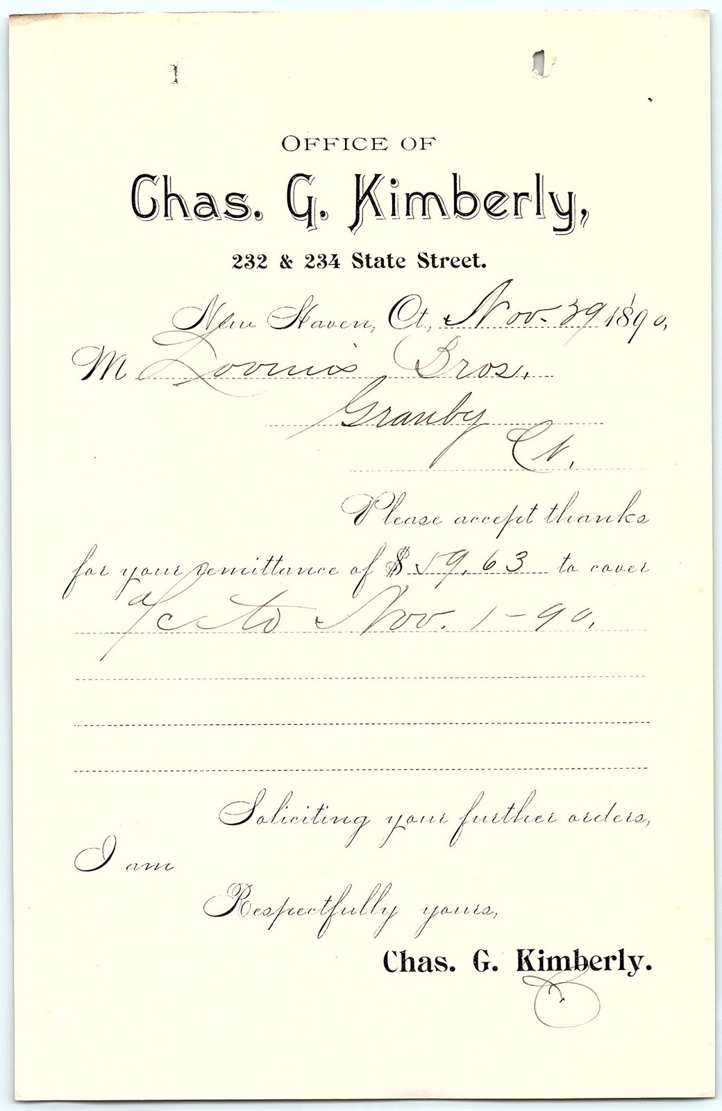 Vintage Chas. G. Kimberly 1890 CT billhead receipt