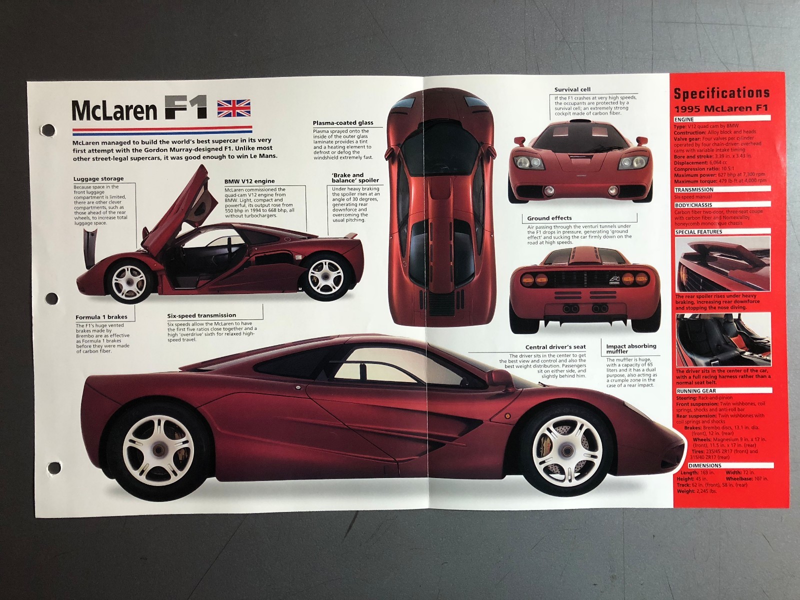 1992 - 1997 McLaren F1 Coupe Poster, Spec Sheet, Folder, Brochure - RARE Awesome