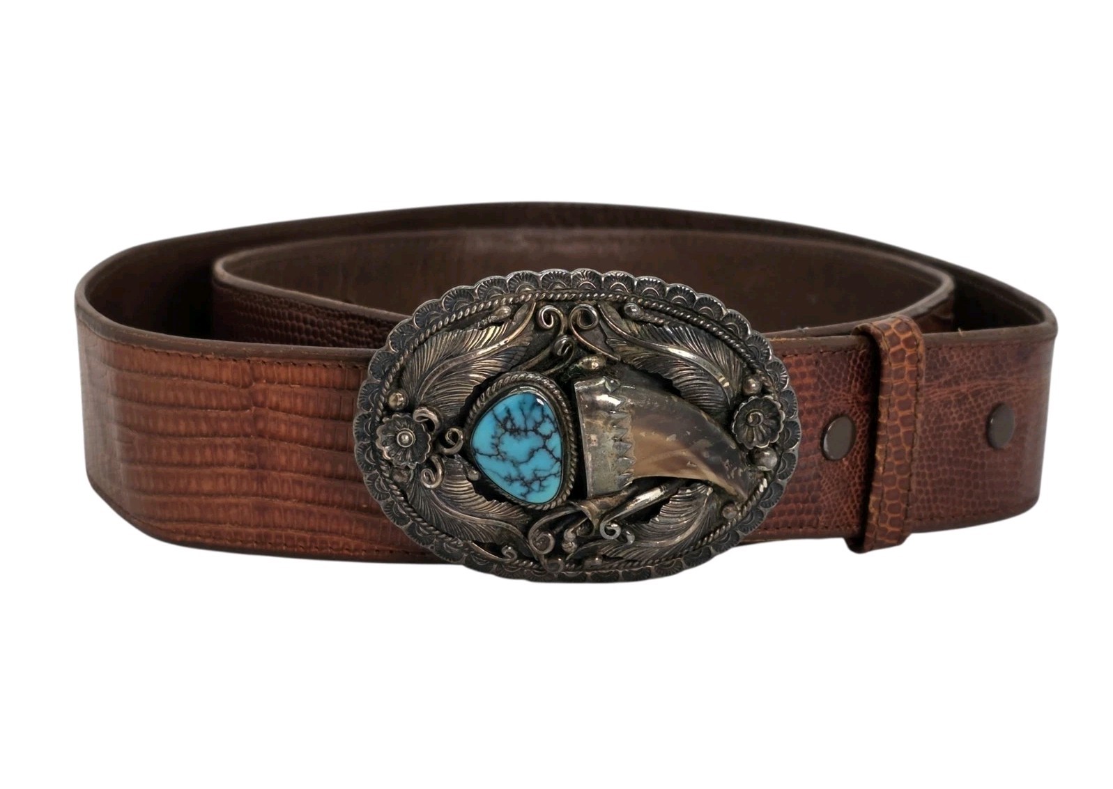 Vintage Western Belt Signed BG Turquoise Claw Buckle & Genuine Lizard Skin Strap