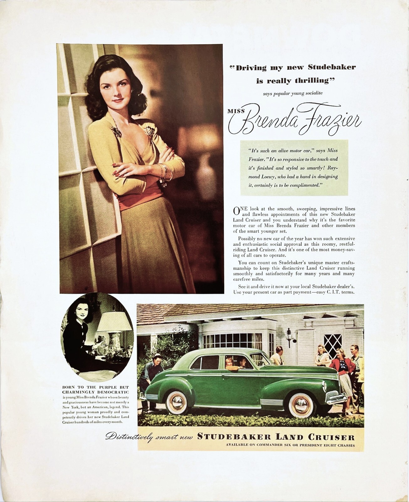 1941 Studebaker Land Cruiser Socialite Brenda Frazier Endorsed Vtg Mag Print Ad