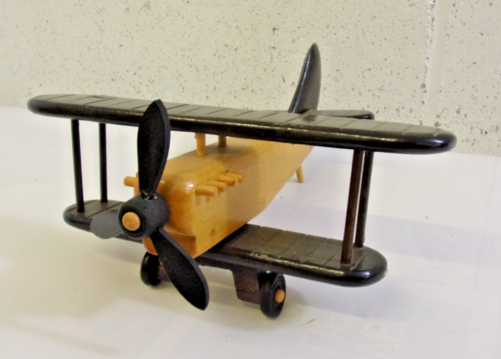 1950\'s Toy Airplane Wood Hand Carved Biplane Wooden Model