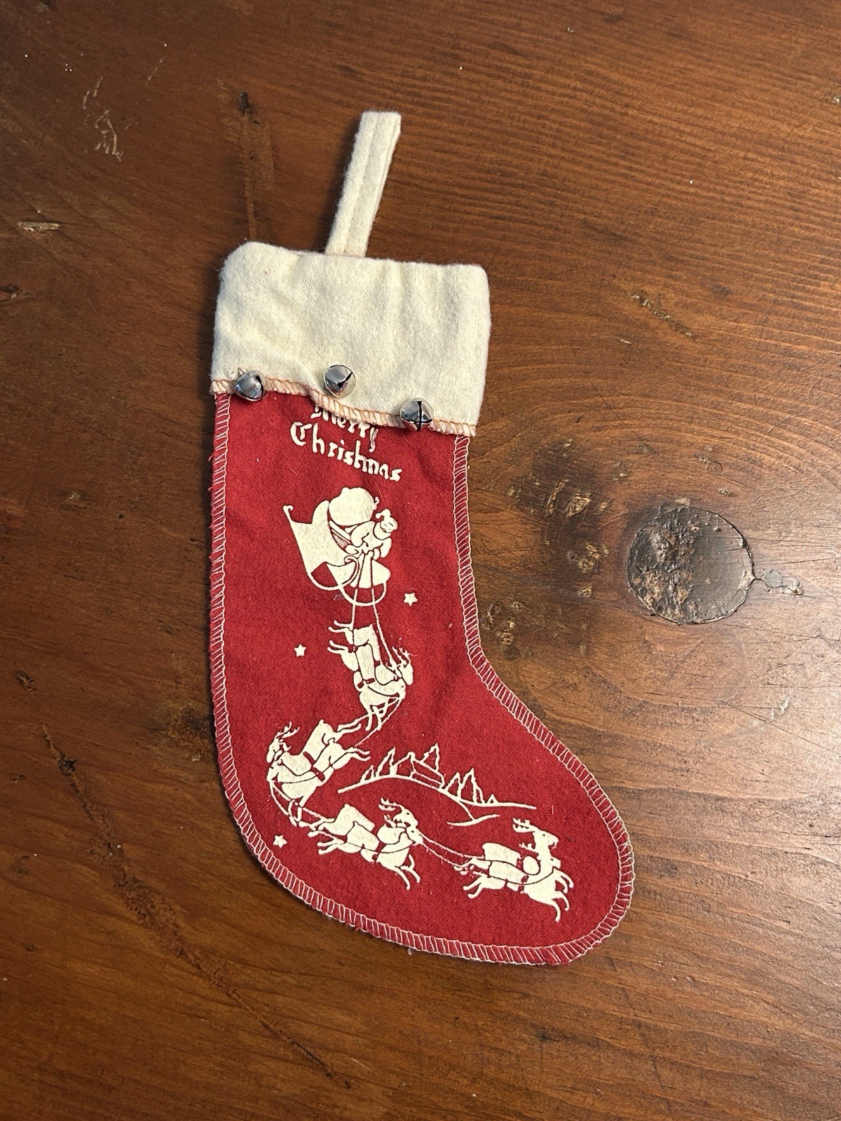 Vintage 8” Red Felt Merry Christmas stocking Jingle Bells Santa Reindeer
