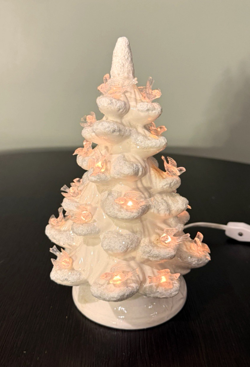 Vtg White Ceramic Christmas Tree Clear Birds Glitter 8.5\