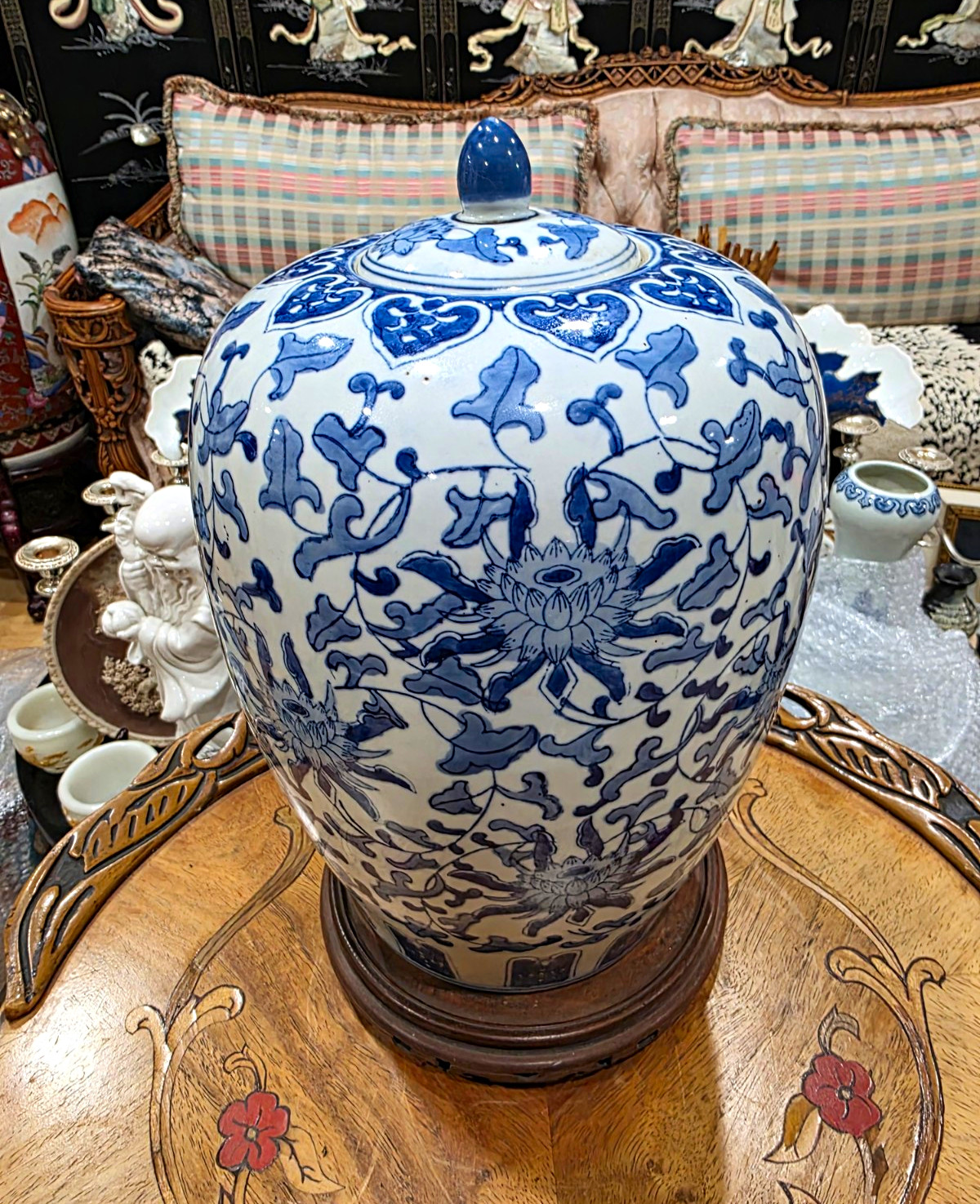 Large Vintage Chinese Blue White Porcelain Ginger Jar Marked Lotus Lid 13.5\