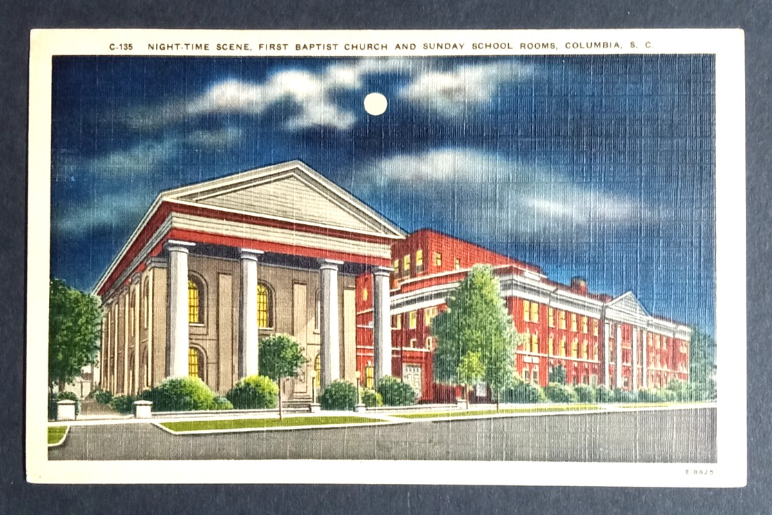 First Baptist Church at Night South Carolina SC Postcard c1940s Street View UNP
