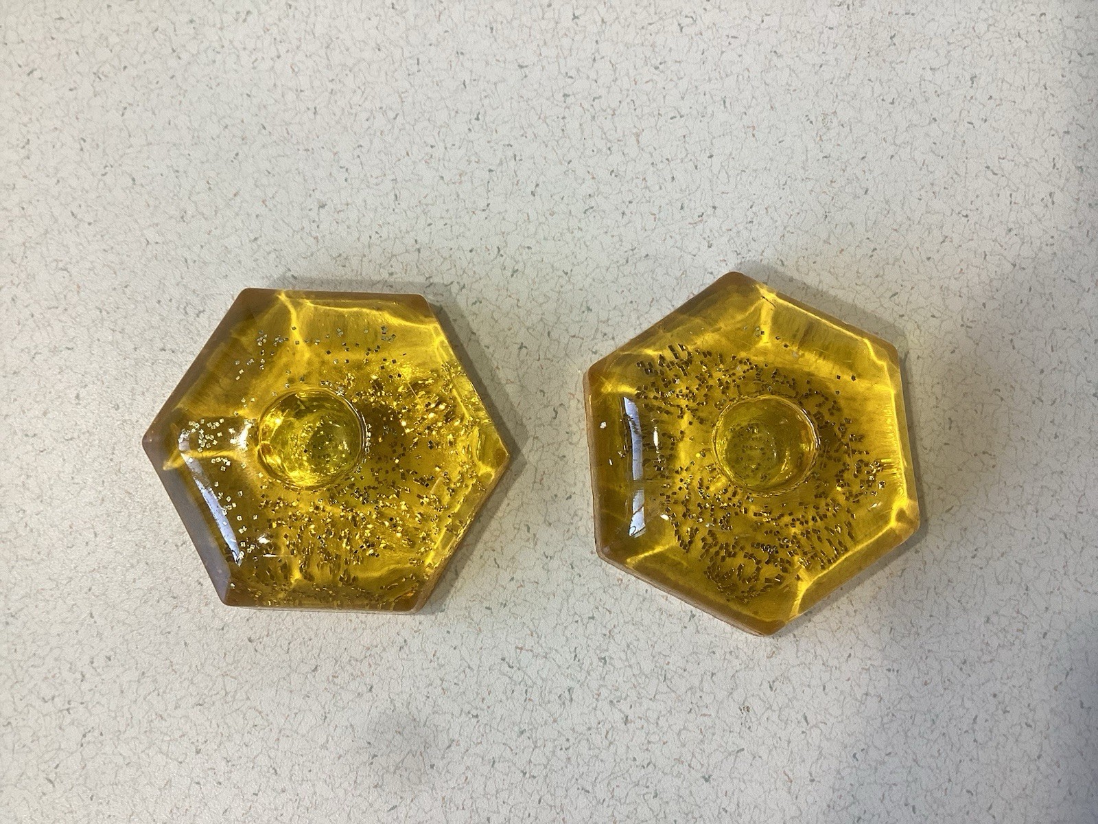 Vintage MCM Amber Lucite Hexagon Taper 2 Candle Holders Gold Flake Glitter ‘60’s