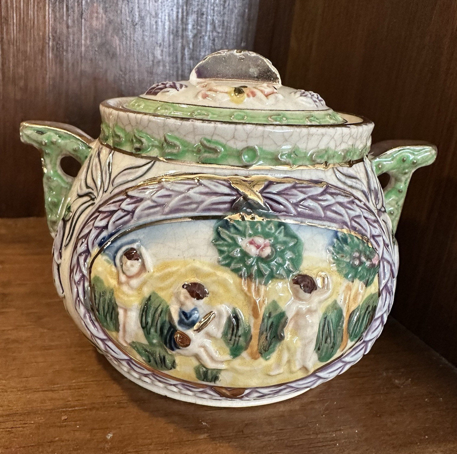 Antique Maruhon Ware Japan Cherub Covered Dish Lidded Sugar Bowl