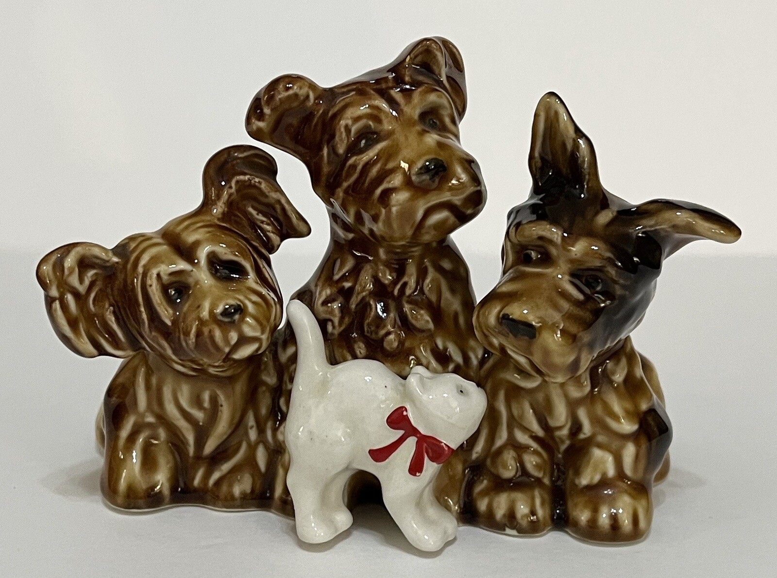 Vintage Terrier 3 Dogs Puppy Friends Figurine Kitten Porcelain Japan MCM