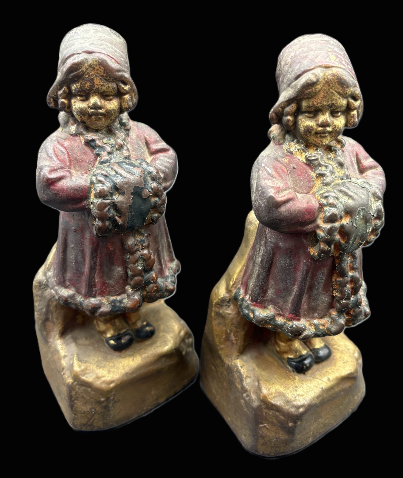 Antique Armor Bronze Figural Bookends Girls Muff Winter Art Deco Pair
