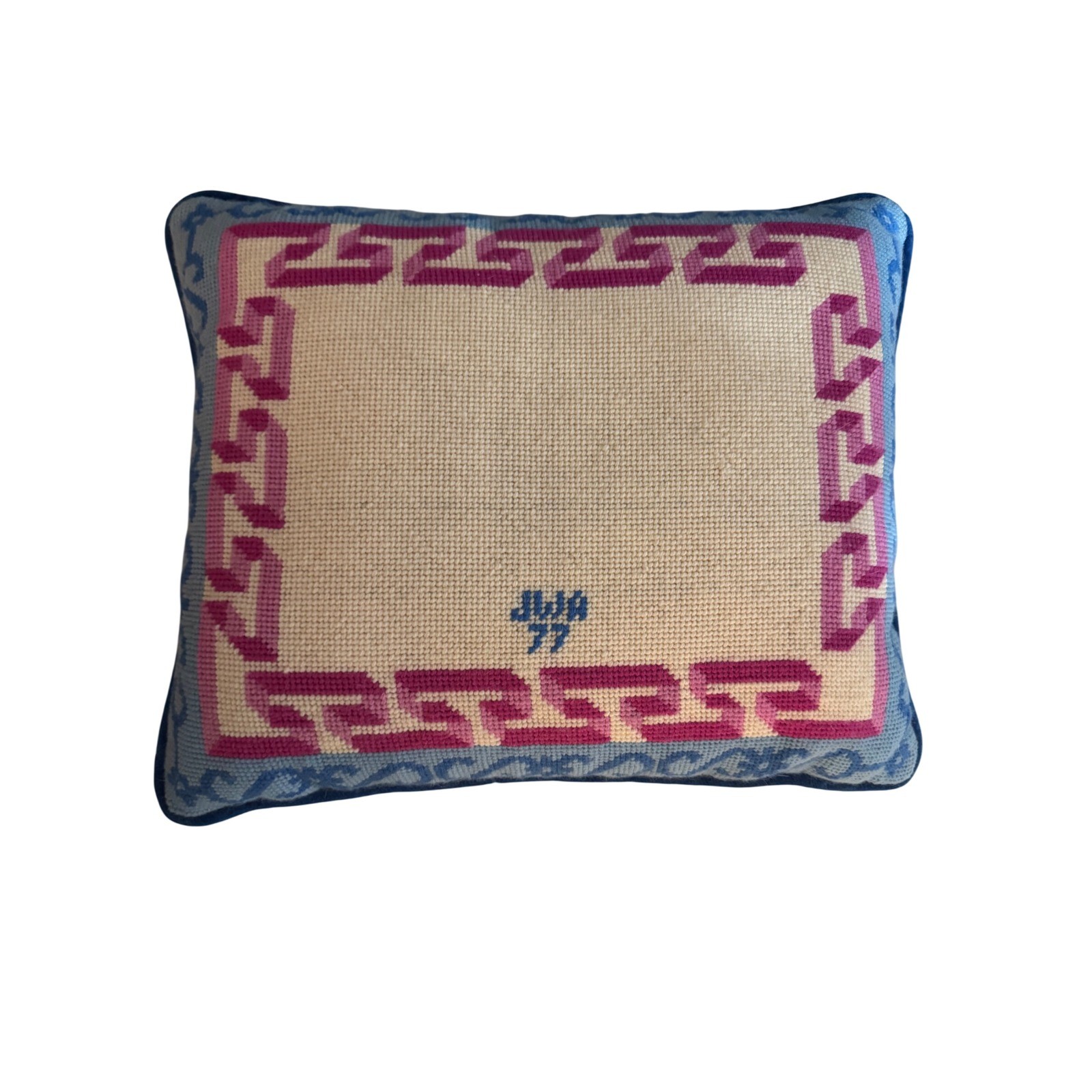 Vintage 1977 Needlepoint Greek Key Accent Pillow Blue Velvet Back 15x12